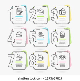 Infographic template with numbers 9 options. Set of Identity confirmed, Santa hat and Person idea icons. Receive mail, Wallet and Sale coupon signs. Quick tips, Article and Teamwork symbols. Vector