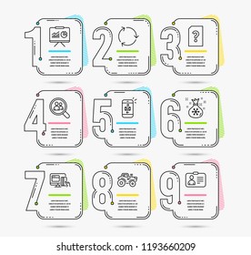 Infographic template with numbers 9 options. Set of Presentation, Search employees and Online payment icons. Recycling, Santa sack and Unknown file signs. Tractor, Mail and Id card symbols. Vector