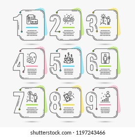 Infographic template with numbers 9 options. Set of Income money, Vacancy and Elevator icons. Payment method, Salary employees and Face accepted signs. Creative idea, Recruitment and Stats symbols