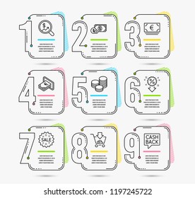 Infographic template with numbers 9 options. Set of Shopping, Discount and Sale icons. Cash, Dollar money and Euro currency signs. Currency audit, Tips and Money transfer symbols. Vector
