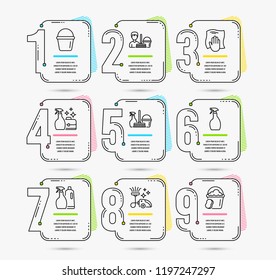 Infografik-Vorlage mit den Zahlen 9 Optionen. Set von Eimer-, Staubsauger- und Reinigungstools. Shampoo- und Spray-Schilder, Hausdiener- und Spray-Schilder. Waschlappen, Sponge-Symbole. Vektorillustration