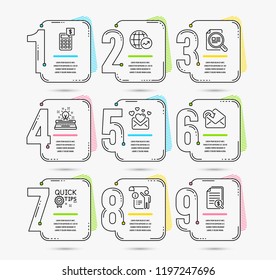 Infographic template with numbers 9 options. Set of Receive mail, World statistics and Manual doc icons. Love mail, Check article and Typewriter signs. Vector