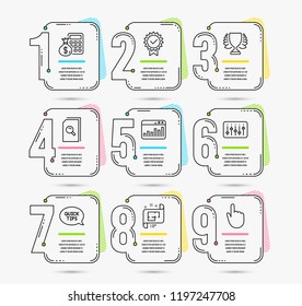 Infographic template with numbers 9 options. Set of Search files, Architectural plan and Finance calculator icons. Quickstart guide, Dj controller and Winner signs. Timeline vector