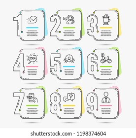 Infographic template with numbers 9 options. Set of Checkbox, Bicycle parking and Education icons. Lightning bolt, People and Business targeting signs. Latte coffee, Idea and Human symbols. Vector