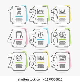 Infographic template with numbers 9 options. Set of Creative idea, Line graph and Internet icons. Tablet pc, Continuing education and Stock analysis signs. Vector