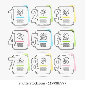 Infographic template with numbers 9 options. Set of Uv protection, Skin condition and Face declined icons. Water drop, Face biometrics and Skin cream signs. Vector