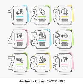 Infographic template with numbers 9 options. Set of Usb flash, Buy button and Atm service icons. Globe, Quick tips and Idea signs. Credit card, Person idea and Checkbox symbols. Vector