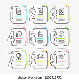 Infographic template with numbers 9 options. Set of Headphones, Air balloon and Taxi icons. Time, Ssd and Checklist signs. Phone payment, Upload file and Copyright laptop symbols. Vector