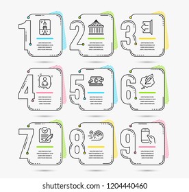 Infographic template with numbers 9 options. Set of Copywriting notebook, Copyright chat and Rfp icons. Crane claw machine, Carousels and Sign out signs. Vector