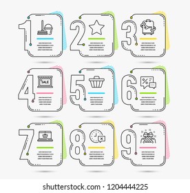 Infographic template with numbers 9 options. Set of Star, Online shopping and Time icons. Bucket with mop, Shop cart and Discounts signs. Luggage, Sale and Gift symbols. Vector