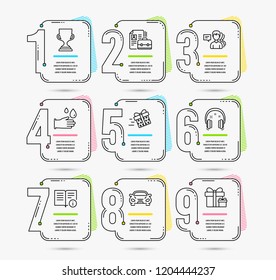 Infographic template with numbers 9 options. Set of Technical info, Vacancy and Headphones icons. Award cup, Present delivery and People signs. Rubber gloves, Car and Surprise package symbols. Vector