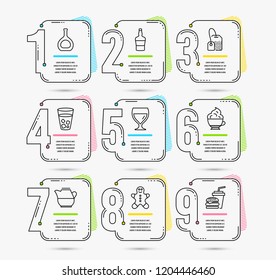 Infographic template with numbers 9 options. Set of Cognac bottle, Gingerbread man and Tea bag icons. Milk jug, Wine glass and Scotch bottle signs. Cappuccino cream, Ice tea and Hamburger symbols
