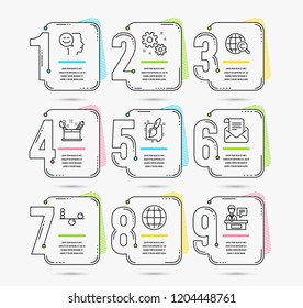 Infographic template with numbers 9 options. Set of Good mood, Creativity concept and Balance icons. Work, International Ð¡opyright and Painting brush signs. Vector