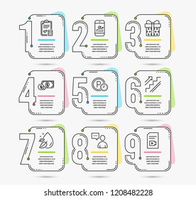 Infographic template with numbers 9 options. Set of Users chat, Parking time and Stairs icons. Gift box, Water drop and Smartphone statistics signs. Vector