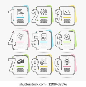 Infographic template with numbers 9 options. Set of Inspiration, Group and Diagram icons. Corrupted file, Calendar discounts and Document signs. Savings, Energy and Idea symbols. Vector