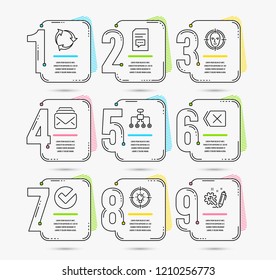 Infographic template with numbers 9 options. Set of Idea, Mail and Comments icons. Face detect, Restructuring and Remove signs. Recycle, Verify and Engineering symbols. Vector