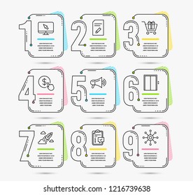 Infographic template with numbers 9 options. Set of Shopping cart, Lift and Edit document icons. Buy currency, Checklist and Megaphone signs. Startup rocket, Internet and Multichannel symbols. Vector