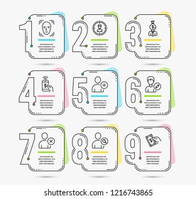 Infographic template with numbers 9 options. Set of Delete user, Add user and Phone payment icons. Edit person, Headhunting and Manager signs. Face detection, Pay money symbols. Vector