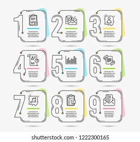 Infographic template with numbers 9 options. Set of Accounting checklist, Report and Checklist icons. Developers chat, Bar diagram and Accounting report signs. Vector
