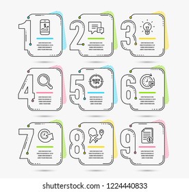Infographic template with numbers 9 options. Set of Update time, Idea and Mobile finance icons. 24h delivery, Airplane and Tips signs. Comment, Research and Financial documents symbols. Vector