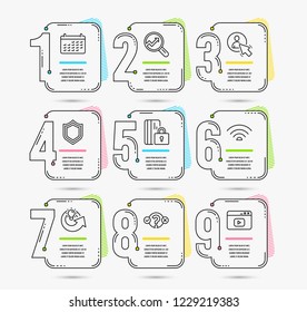 Infographic template with numbers 9 options. Set of Security, User and Quiz test icons. Wifi, Analytics and Calendar signs. Share idea, Blocked card and Video content symbols. Vector