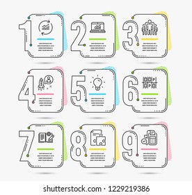 Infographic template with numbers 9 options. Set of Parking place, Group and Online statistics icons. Engineering documentation, Light bulb and Startup signs. Vector