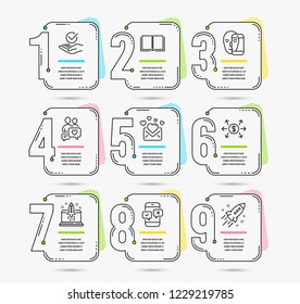 Infographic template with numbers 9 options. Set of Dating chat, Approved and Start business icons. Book, Face biometrics and Phone survey signs. Love mail, Dollar exchange and Startup rocket symbols