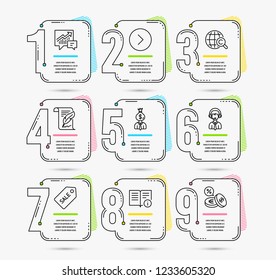 Infographic template with numbers 9 options. Set of Feather, Shipping support and Sale ticket icons. International Ð¡opyright, Manager and Technical info signs. Vector