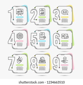 Infographic template with numbers 9 options. Set of Presentation, Messenger and Jazz icons. Report checklist, Artificial intelligence and Typewriter signs. Vector