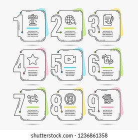 Infographic template with numbers 9 options. Set of Internet search, Approved agreement and Timer icons. Metro subway, Video camera and Technical algorithm signs. Vector