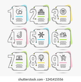 Infographic template with numbers 9 options. Set of Candy, Air balloon and Balloon dart icons. Snowflake, Online shopping and Circus signs. Surprise gift, Holiday presents and Cross sell symbols