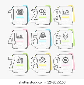 Infographic template with numbers 9 options. Set of Typewriter, Work and Face biometrics icons. Financial diagram, Fireworks and Report diagram signs. Partnership, Share idea and Tips symbols. Vector