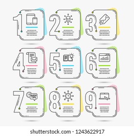 Infographic template with numbers 9 options. Set of Quick tips, E-mail and Face biometrics icons. Mail letter, Website statistics and Product knowledge signs. Vector