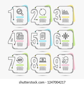 Infographic template with numbers 9 options. Set of Analytics, Refresh and Logistics network icons. Online shopping, Refund commission and Copy files signs. Vector