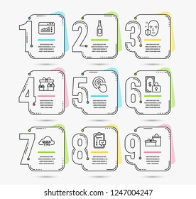 Infographic template with numbers 9 options. Set of Click, Checklist and Private payment icons. Beer, Face protection and Quick tips signs. Web traffic, Surprise boxes and Gifts symbols. Vector