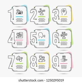 Infographic template with numbers 9 options. Set of Cleaning service, Job interview and Human sing icons. Quiz test, Conversation messages and Customer satisfaction signs. Vector