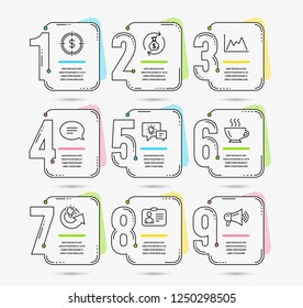 Infographic template with numbers 9 options. Set of Share idea, Chat and Money exchange icons. Idea lamp, Diagram and Coffee signs. Dollar target, Id card and Megaphone symbols. Vector