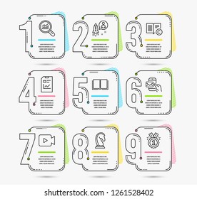 Infographic template with numbers 9 options. Set of Startup, Data analysis and Copyright icons. Report document, Book and Marketing strategy signs. Video camera, Messenger mail and Approved symbols