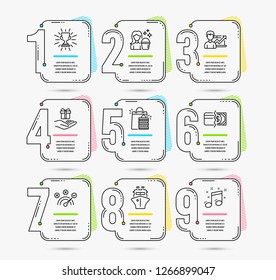 Plantilla infográfica con las opciones de números 9. Juego de respuestas correctas, bolsas de compras e iconos de envío. Trofeo, métodos de pago y signos de limpieza. Programa de fidelidad, negocio de éxito y símbolos de notas musicales