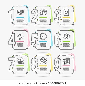 Infographic template with numbers 9 options. Set of Time, Gift and Payment icons. Laureate award, Light bulb and File management signs. Idea, Money exchange and Finance calculator symbols. Vector