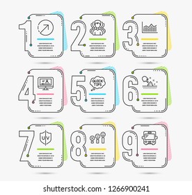 Infographic template with numbers 9 options. Set of Money diagram, Skin moisture and Uv protection icons. Online video, Direction and Customer satisfaction signs. Quick tips, Group and Bus symbols