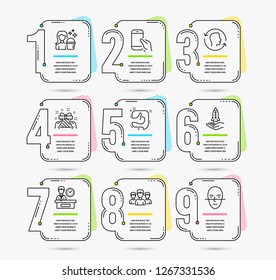 Infographic template with numbers 9 options. Set of Crowdfunding, Group and Presentation time icons. Face id, Gift and Like signs. Cleaning, Hold smartphone and Face recognition symbols. Vector