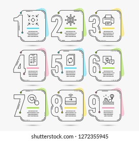 Infographic template with numbers 9 options. Set of Contactless payment, Idea lamp and Update document icons. International globe, Minimize and Printer signs. Vector