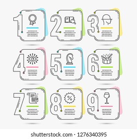 Infographic template with numbers 9 options. Set of Success, Marketing strategy and Discount icons. Payment card, Artificial intelligence and Search book signs. Vector