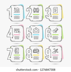 Infographic template with numbers 9 options. Set of Check investment, Incoming mail and Technical documentation icons. Partnership, Phone payment and Read instruction signs. Vector