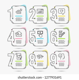 Infographic template with numbers 9 options. Set of Checkbox, Send mail and Payment click icons. Web traffic, Demand curve and Airplane signs. Manual doc, Love message and Good mood symbols. Vector
