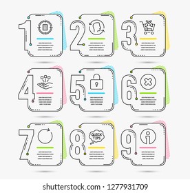 Infographic template with numbers 9 options. Set of Cross sell, Close button and Consolidation icons. Quick tips, Lock and Synchronize signs. Calculator target, Face id and Info symbols. Vector