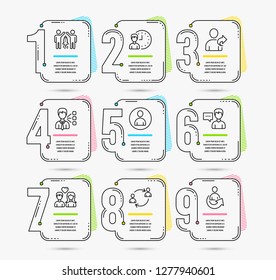 Infographic template with numbers 9 options. Set of Person talk, Avatar and Couple love icons. Third party, User communication and Working hours signs. Refer friend, Partnership and Share symbols