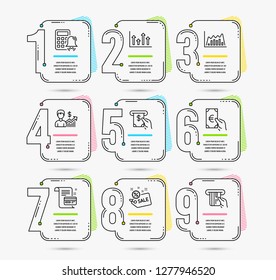 Infographic template with numbers 9 options. Set of Business growth, Calculator alarm and Atm service icons. Upper arrows, Infographic graph and Sale signs. Vector