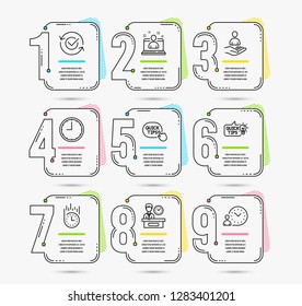 Infographic template with numbers 9 options. Set of Education idea, Best manager and Time icons. Approved, Presentation time and Recruitment signs. Fast delivery, Quick tips symbols. Vector